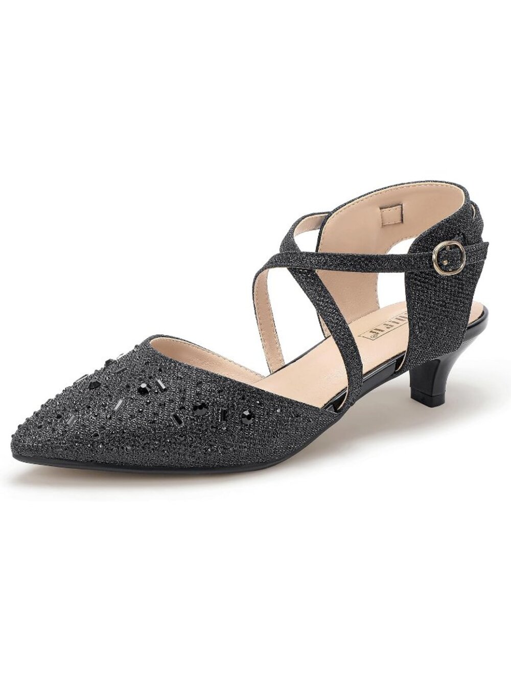 Women's Black Comfortable Pointed Toe Ankle Strap Kitten Low Heels Pumps Shoes